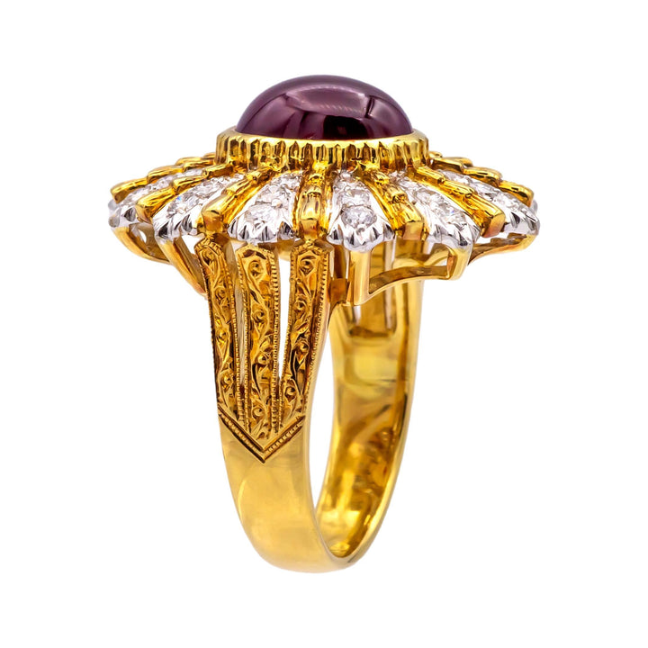 Vintage 18K Yellow Gold Burmese Ruby and Diamond Cocktail Ring, 3.60 Ct Center