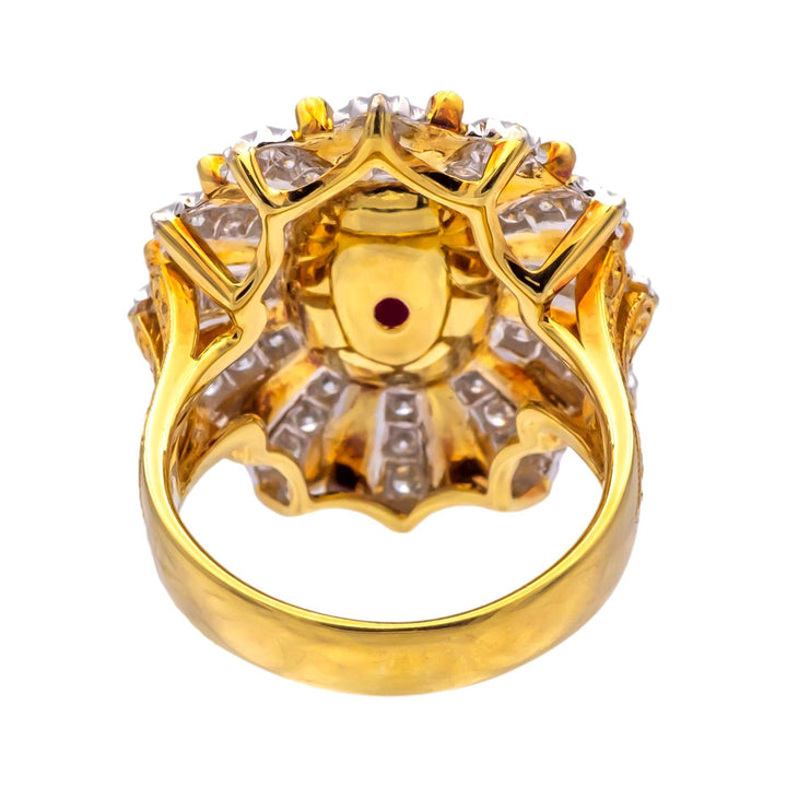 Vintage 18K Yellow Gold Burmese Ruby and Diamond Cocktail Ring, 3.60 Ct Center