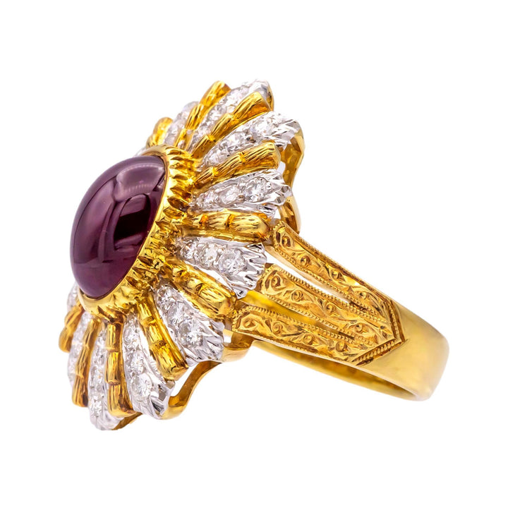 Vintage 18K Yellow Gold Burmese Ruby and Diamond Cocktail Ring, 3.60 Ct Center
