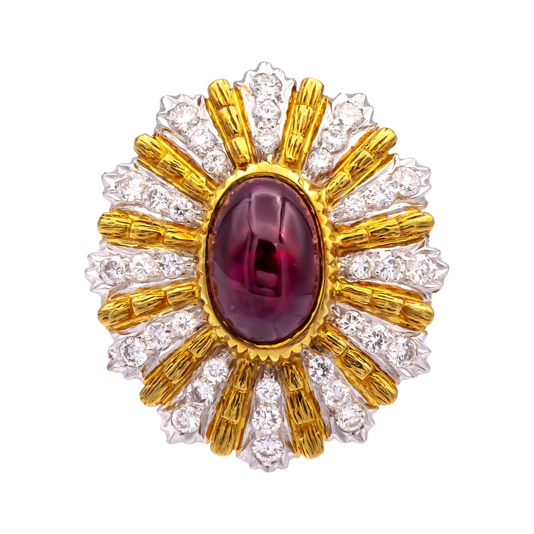 Vintage 18K Yellow Gold Burmese Ruby and Diamond Cocktail Ring, 3.60 Ct Center