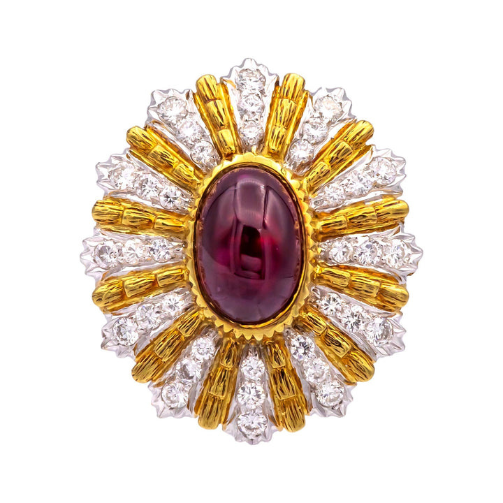 Vintage 18K Yellow Gold Burmese Ruby and Diamond Cocktail Ring, 3.60 Ct Center