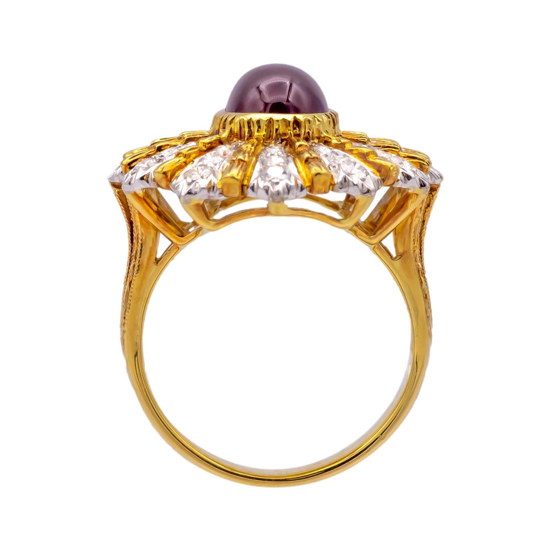 Vintage 18K Yellow Gold Burmese Ruby and Diamond Cocktail Ring, 3.60 Ct Center
