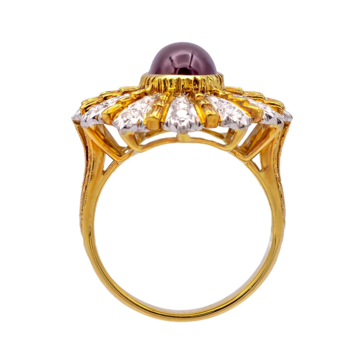 Vintage 18K Yellow Gold Burmese Ruby and Diamond Cocktail Ring, 3.60 Ct Center