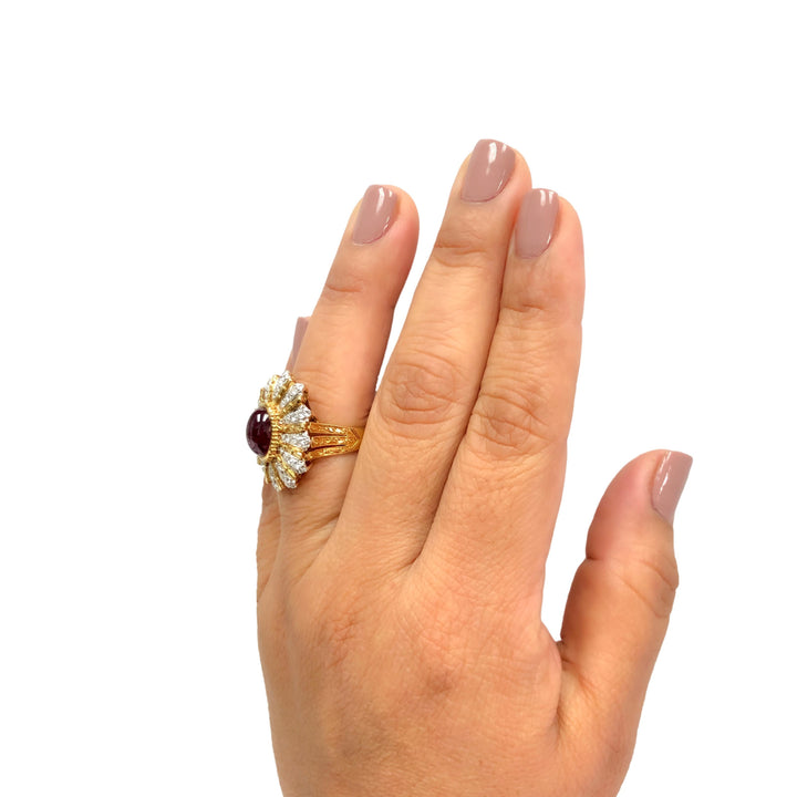 Vintage 18K Yellow Gold Burmese Ruby and Diamond Cocktail Ring, 3.60 Ct Center