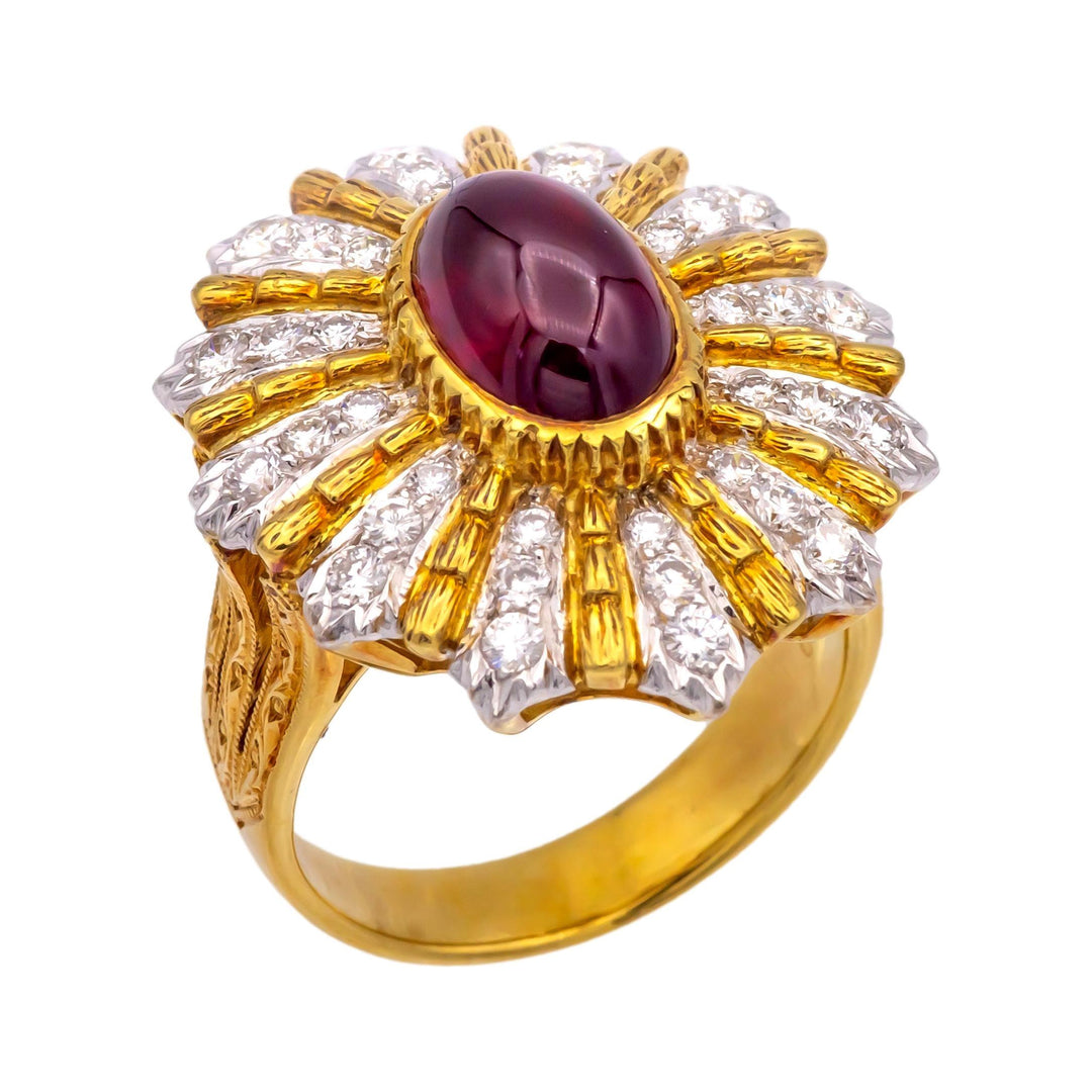 Vintage 18K Yellow Gold Burmese Ruby and Diamond Cocktail Ring, 3.60 Ct Center