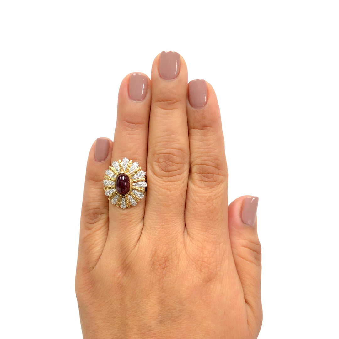 Vintage 18K Yellow Gold Burmese Ruby and Diamond Cocktail Ring, 3.60 Ct Center