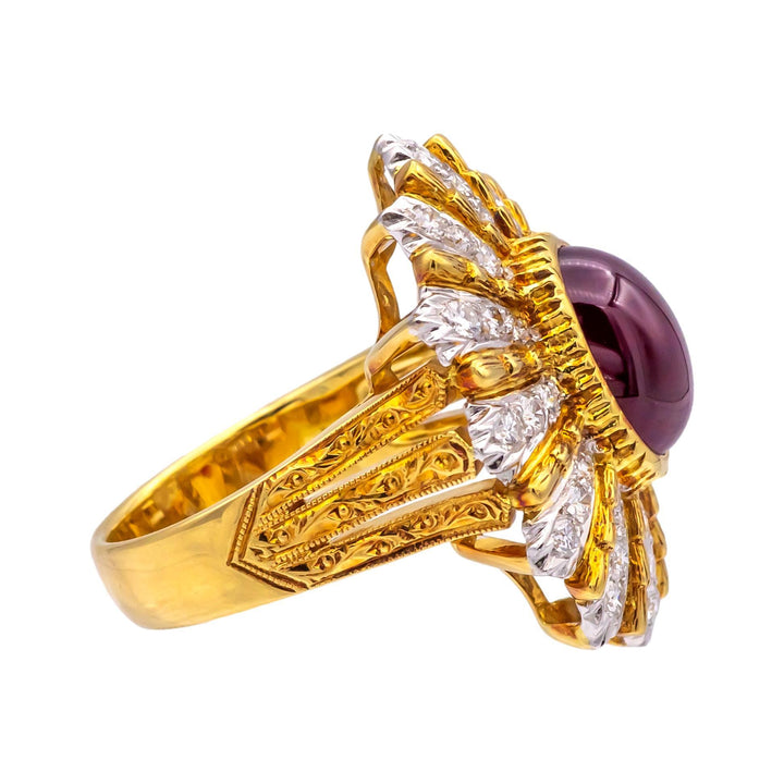 Vintage 18K Yellow Gold Burmese Ruby and Diamond Cocktail Ring, 3.60 Ct Center