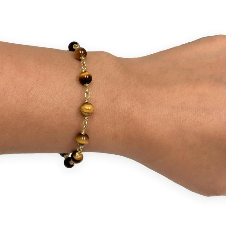 18K Yellow Gold Tiger’s Eye Beaded Bracelet, 7" Length