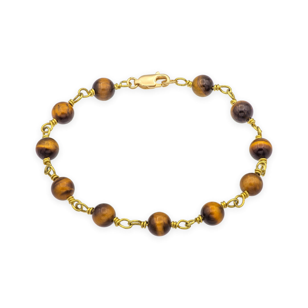 18K Yellow Gold Tiger’s Eye Beaded Bracelet, 7" Length