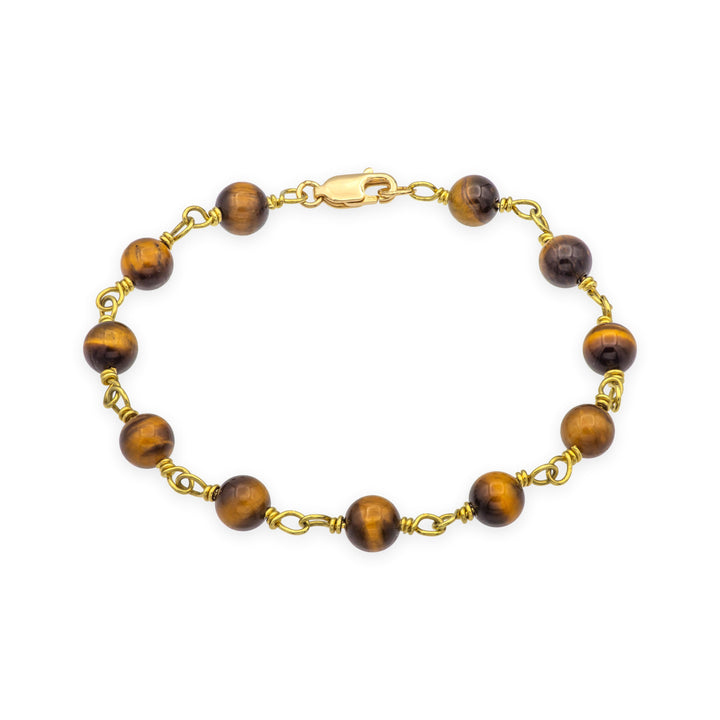 18K Yellow Gold Tiger’s Eye Beaded Bracelet, 7" Length