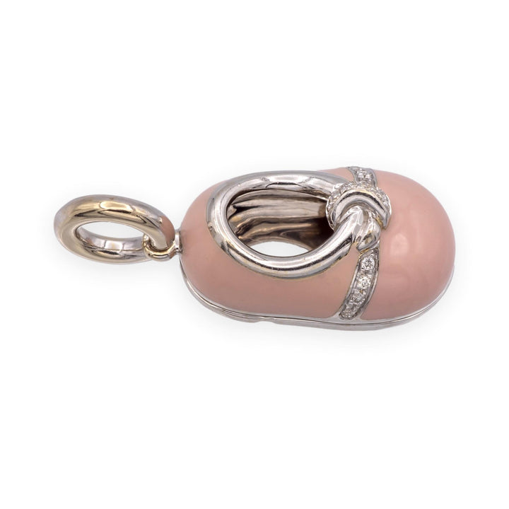 Aaron Basha 18K White Gold Pink Enamel and Diamond Shoe Pendant Charm
