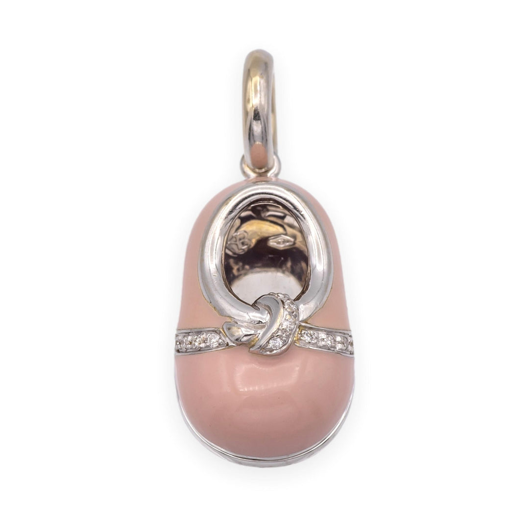 Aaron Basha 18K White Gold Pink Enamel and Diamond Shoe Pendant Charm