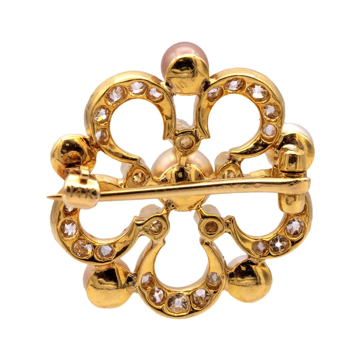Victorian 14K Gold Diamond and Pearl Floral Brooch