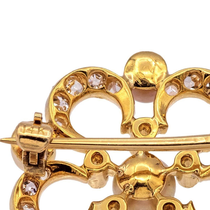 Victorian 14K Gold Diamond and Pearl Floral Brooch