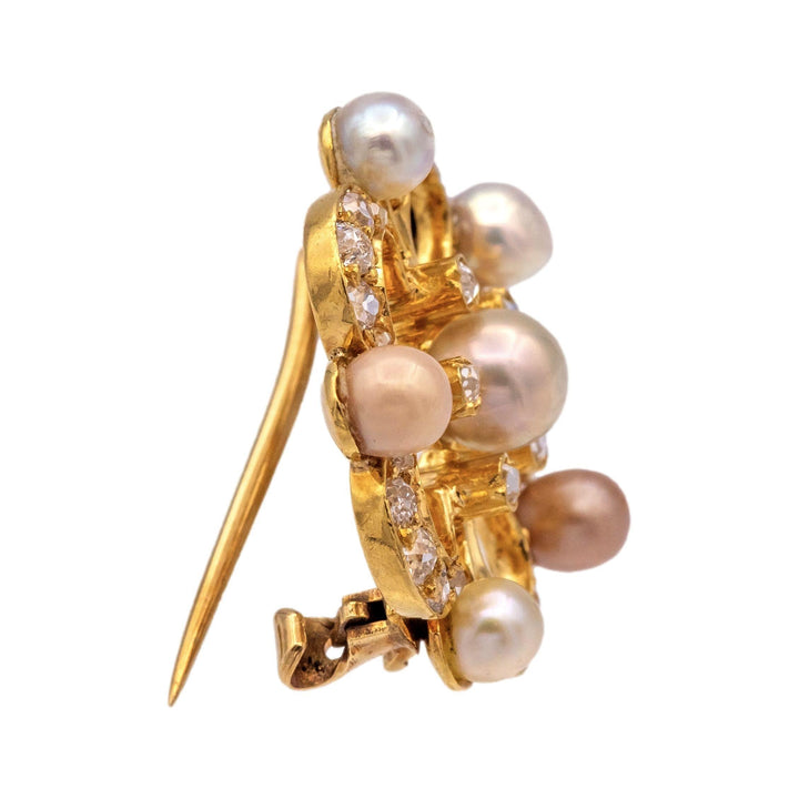 Victorian 14K Gold Diamond and Pearl Floral Brooch