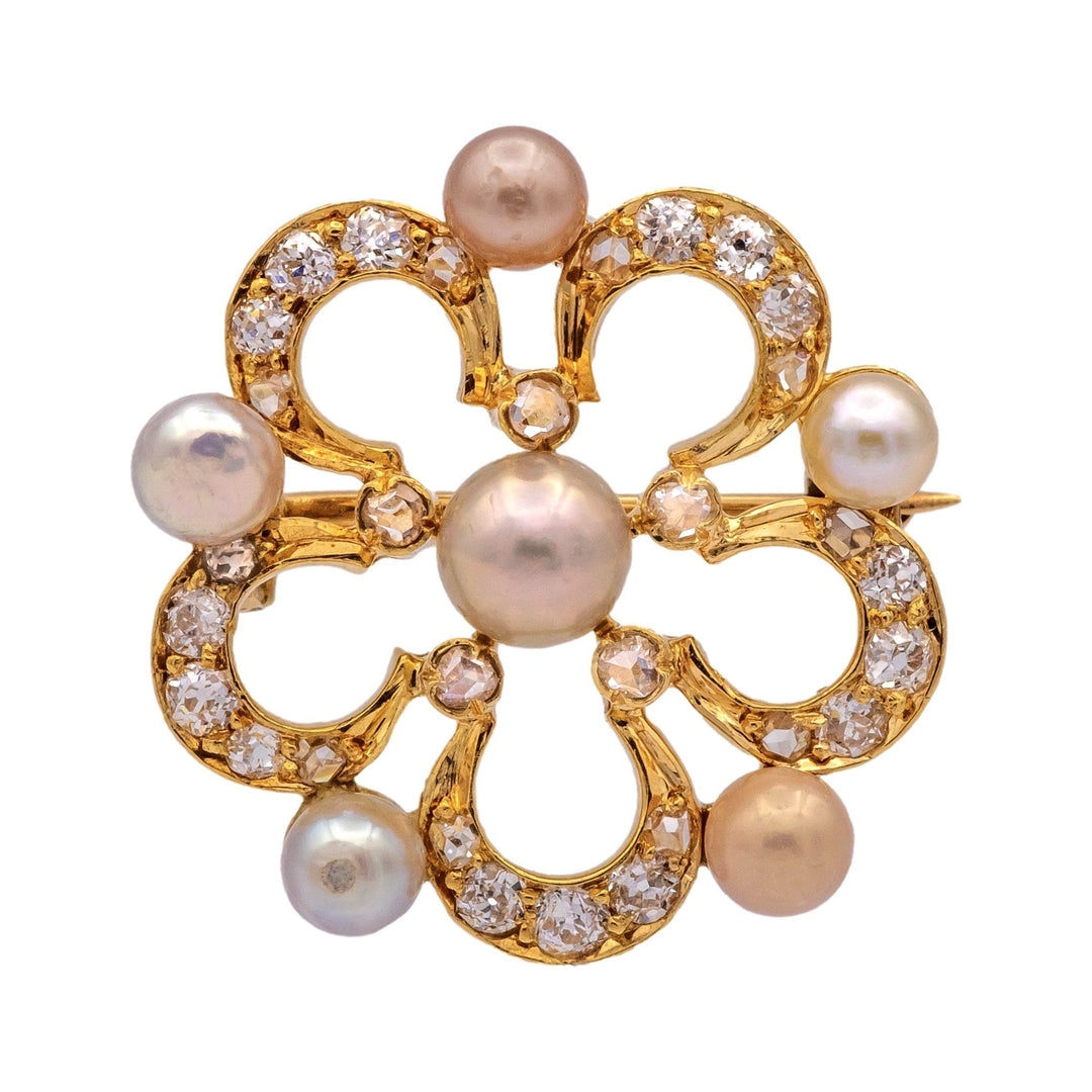 Victorian 14K Gold Diamond and Pearl Floral Brooch