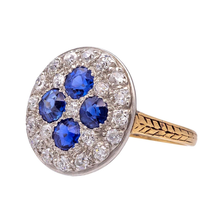 Antique Old Mine Diamond and Sapphire Platinum + 14K Yellow Gold Ring ca. 1900's