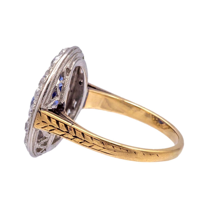 Antique Old Mine Diamond and Sapphire Platinum + 14K Yellow Gold Ring ca. 1900's