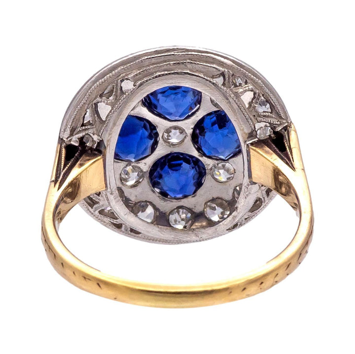 Antique Old Mine Diamond and Sapphire Platinum + 14K Yellow Gold Ring ca. 1900's