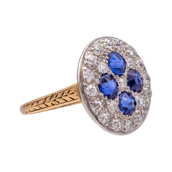 Antique Old Mine Diamond and Sapphire Platinum + 14K Yellow Gold Ring ca. 1900's