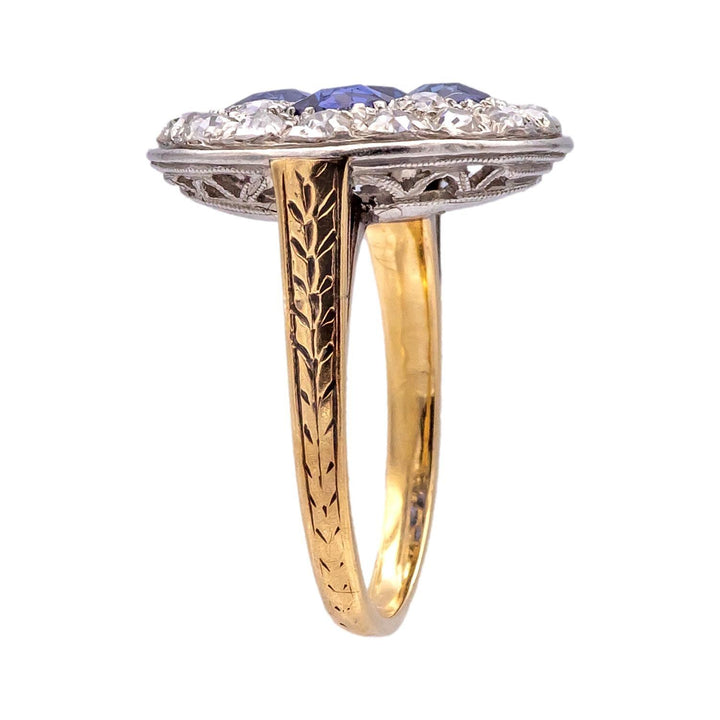 Antique Old Mine Diamond and Sapphire Platinum + 14K Yellow Gold Ring ca. 1900's