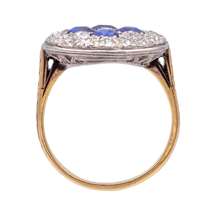 Antique Old Mine Diamond and Sapphire Platinum + 14K Yellow Gold Ring ca. 1900's