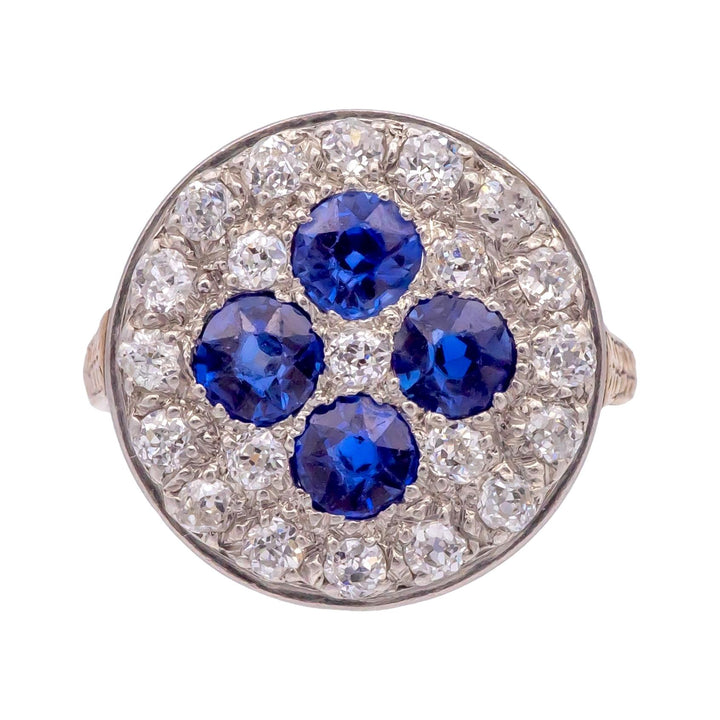 Antique Old Mine Diamond and Sapphire Platinum + 14K Yellow Gold Ring ca. 1900's