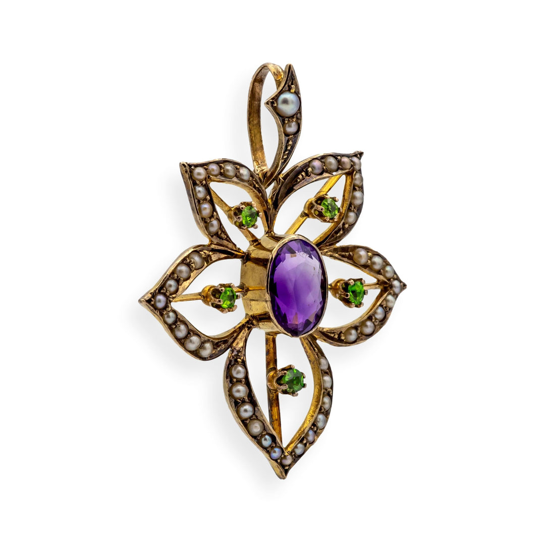 Antique 9K Art Nouveau Demantoid Garnet Amethyst Seed Pearl Pendant Ca. 1905