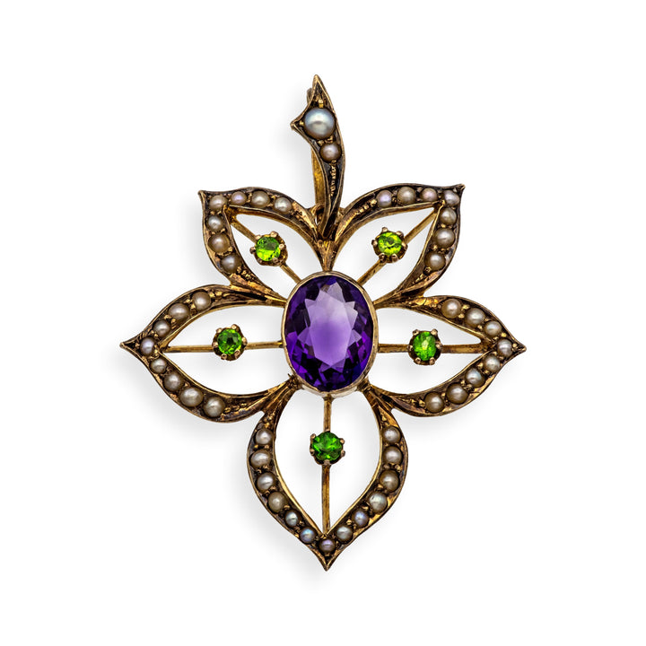 Antique 9K Art Nouveau Demantoid Garnet Amethyst Seed Pearl Pendant Ca. 1905