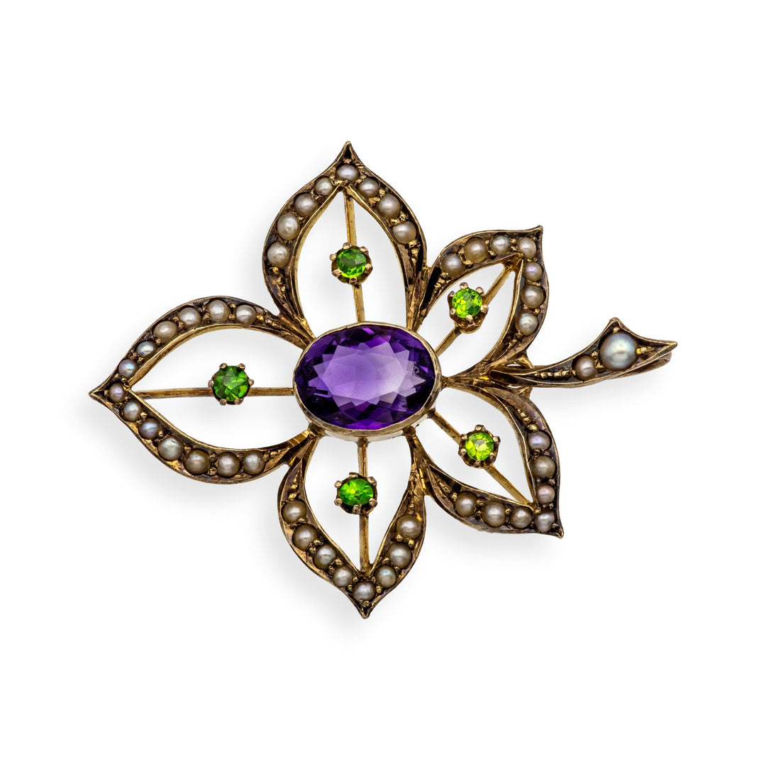 Antique 9K Art Nouveau Demantoid Garnet Amethyst Seed Pearl Pendant Ca. 1905