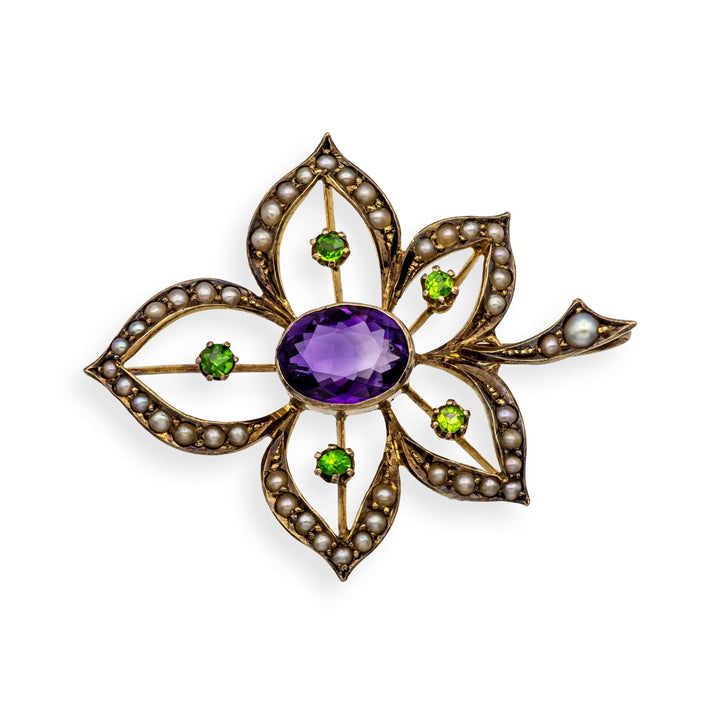 Antique 9K Art Nouveau Demantoid Garnet Amethyst Seed Pearl Pendant Ca. 1905