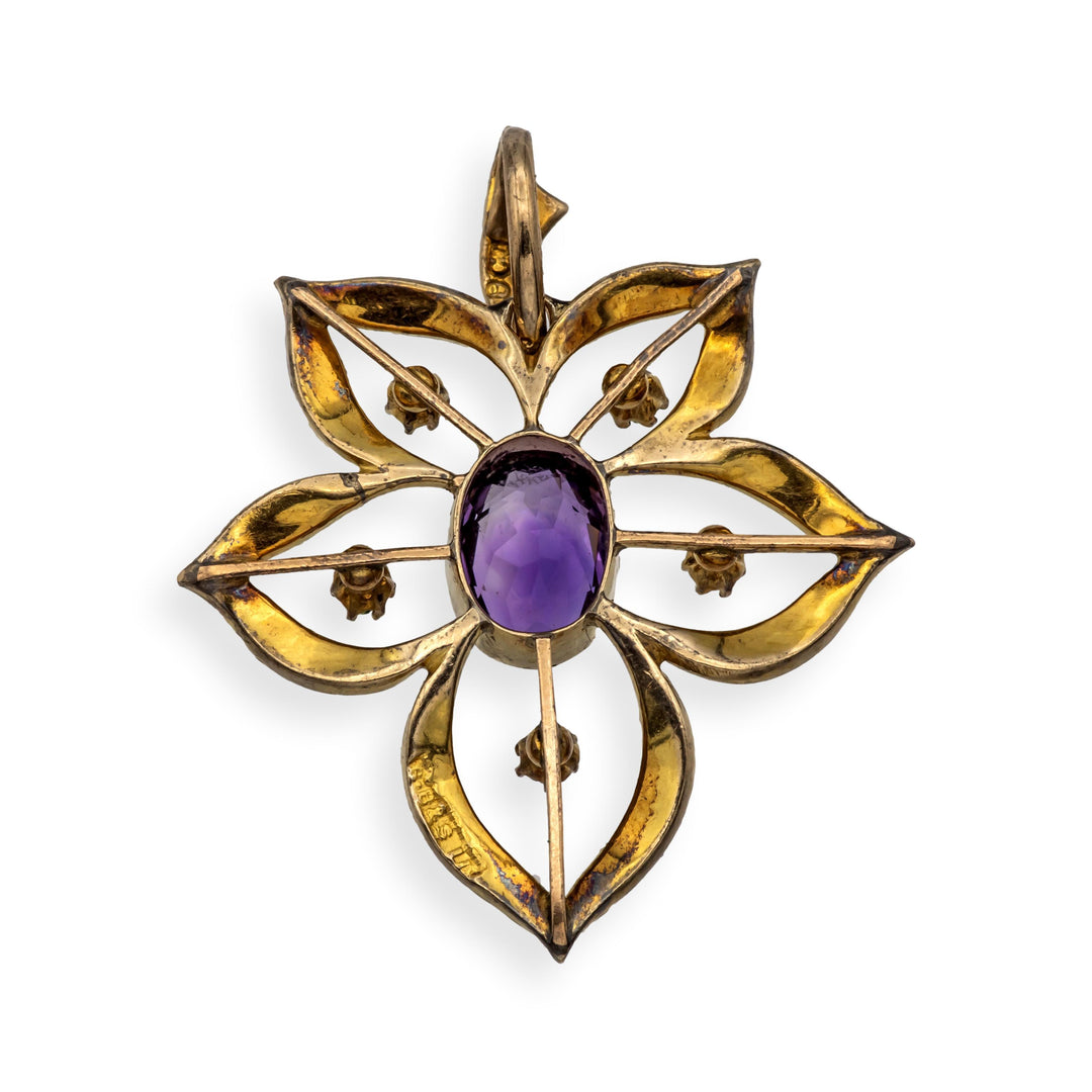 Antique 9K Art Nouveau Demantoid Garnet Amethyst Seed Pearl Pendant Ca. 1905