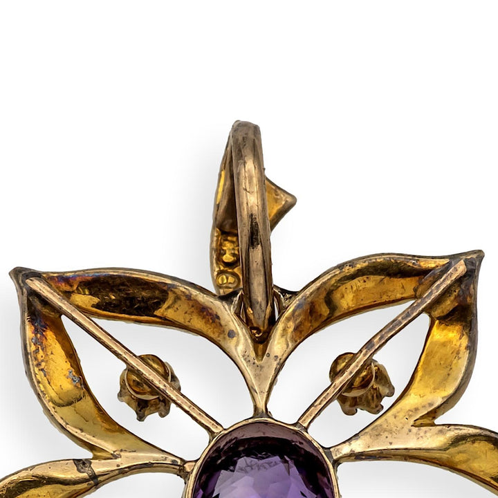 Antique 9K Art Nouveau Demantoid Garnet Amethyst Seed Pearl Pendant Ca. 1905