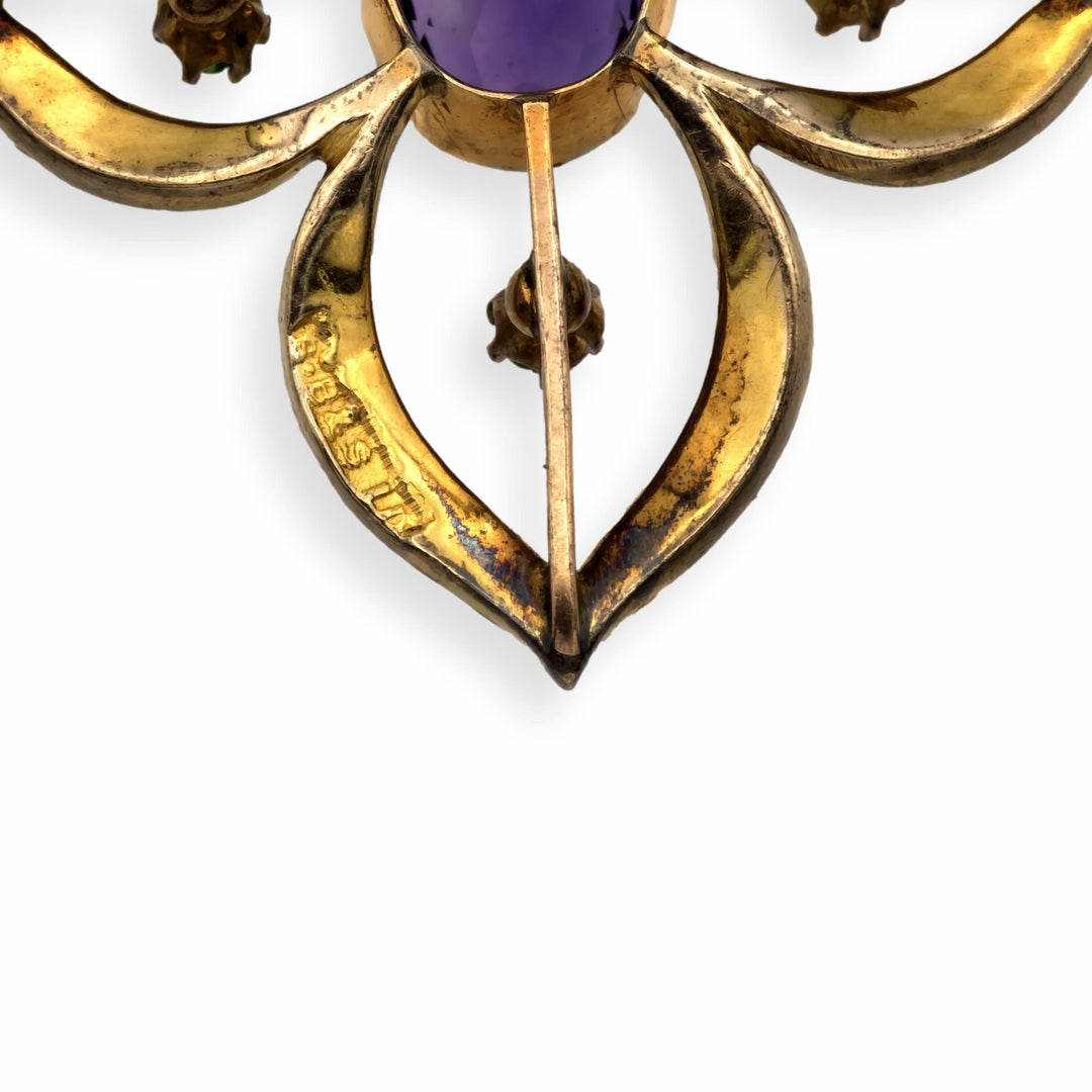 Antique 9K Art Nouveau Demantoid Garnet Amethyst Seed Pearl Pendant Ca. 1905