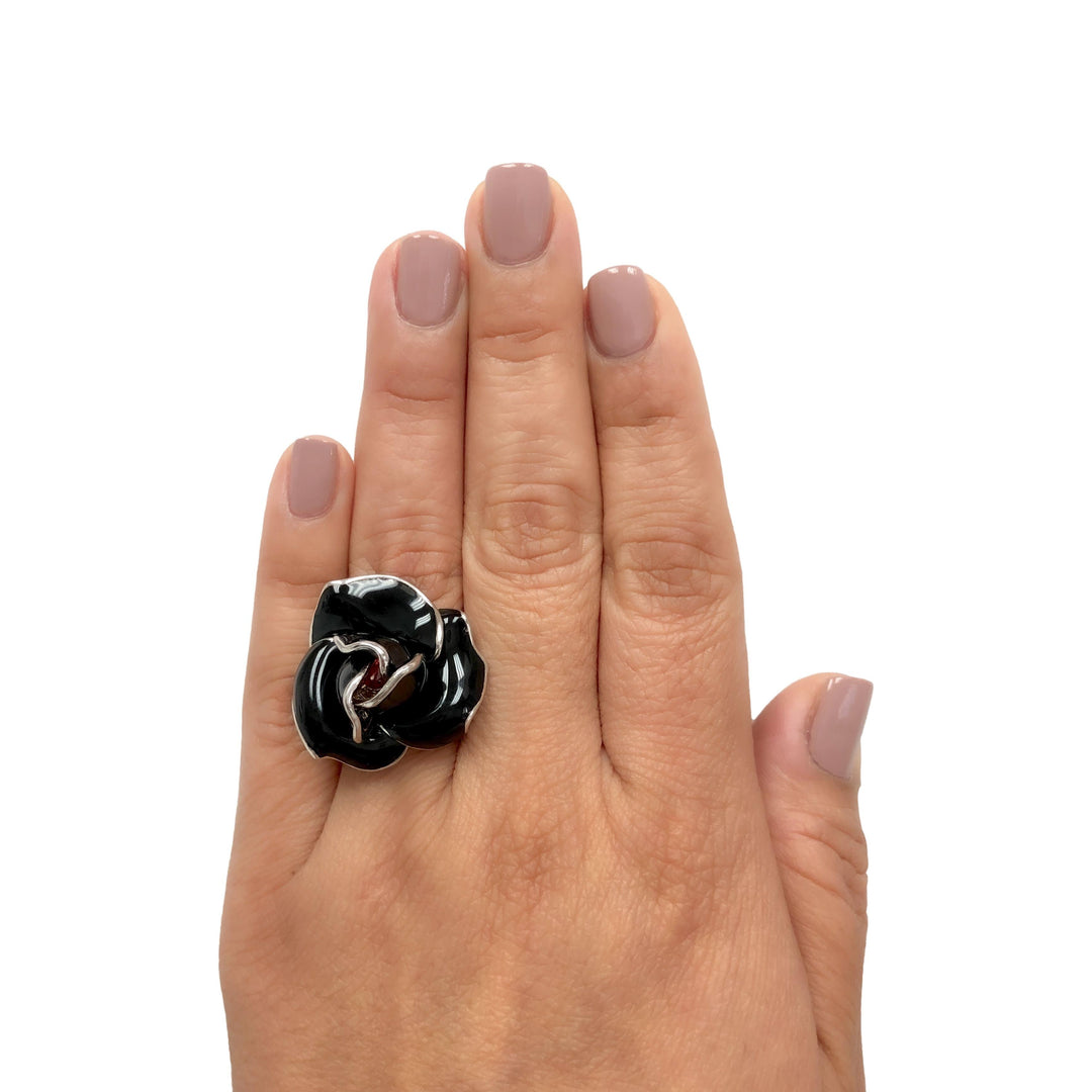 Mia Nardi 18K White Gold Rosa Ring in Black enamel with Orange Sapphire Center