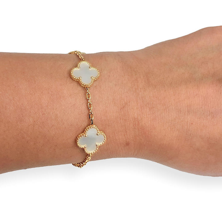 Van Cleef & Arpels 18KY Vintage Alhambra 5-Motif MOP Bracelet, 7", Cert & Extras