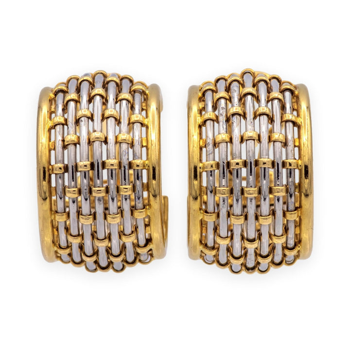 Vintage Cartier Or Et Acier Woven Hoop Earrings 18K Gold Stainless Steel 1980's