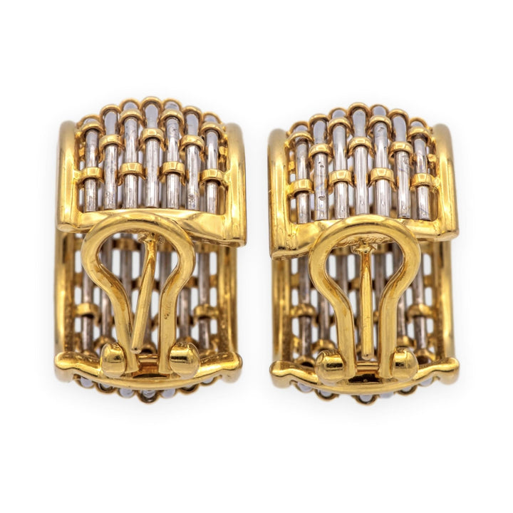 Vintage Cartier Or Et Acier Woven Hoop Earrings 18K Gold Stainless Steel 1980's