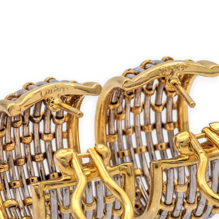 Vintage Cartier Or Et Acier Woven Hoop Earrings 18K Gold Stainless Steel 1980's