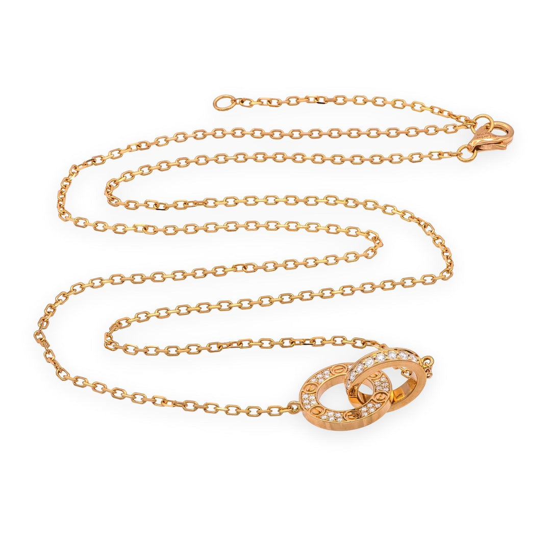 Cartier Love Necklace 18K Rose Gold Pavé Diamond Pendant 20" Box and Papers