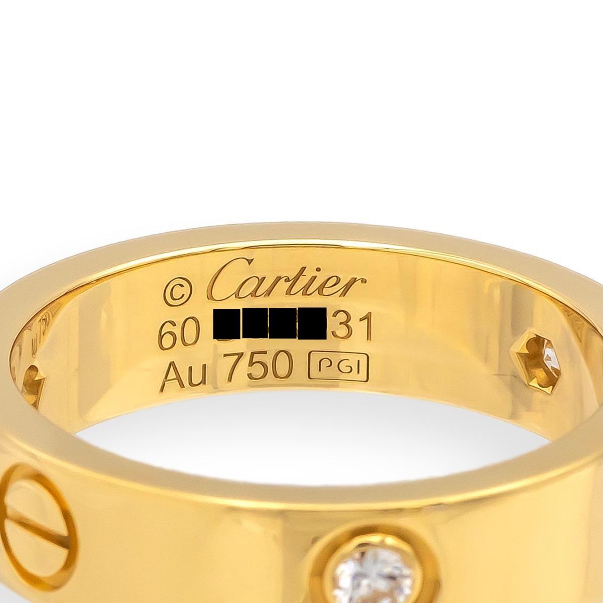 Cartier Love Ring 18K Yellow Gold 3 Diamonds Band Size 60 | US