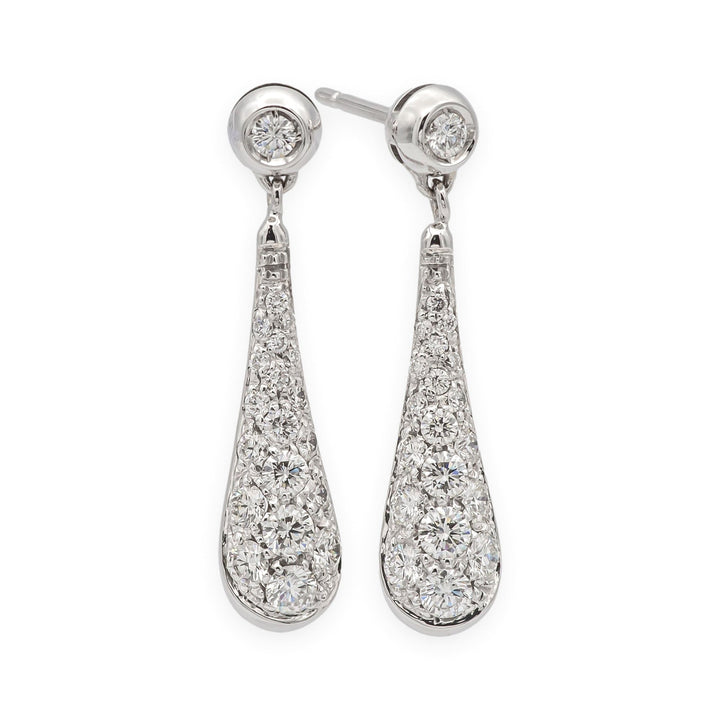 Vintage 18K White Gold Teardrop Dangling Diamond Pavé Earrings 1.25 tcw. G VS