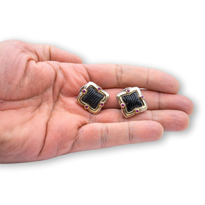 David Yurman Quatrefoil Silver 18K Gold Carved Onyx and Pink Tourmaline Earrings