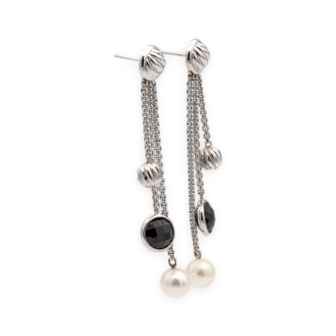 David Yurman Bijoux 18K White Gold Onyx & Pearl Box-Chain Dangle Earrings 2.5”