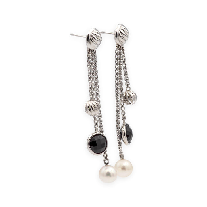 David Yurman Bijoux 18K White Gold Onyx & Pearl Box-Chain Dangle Earrings 2.5”