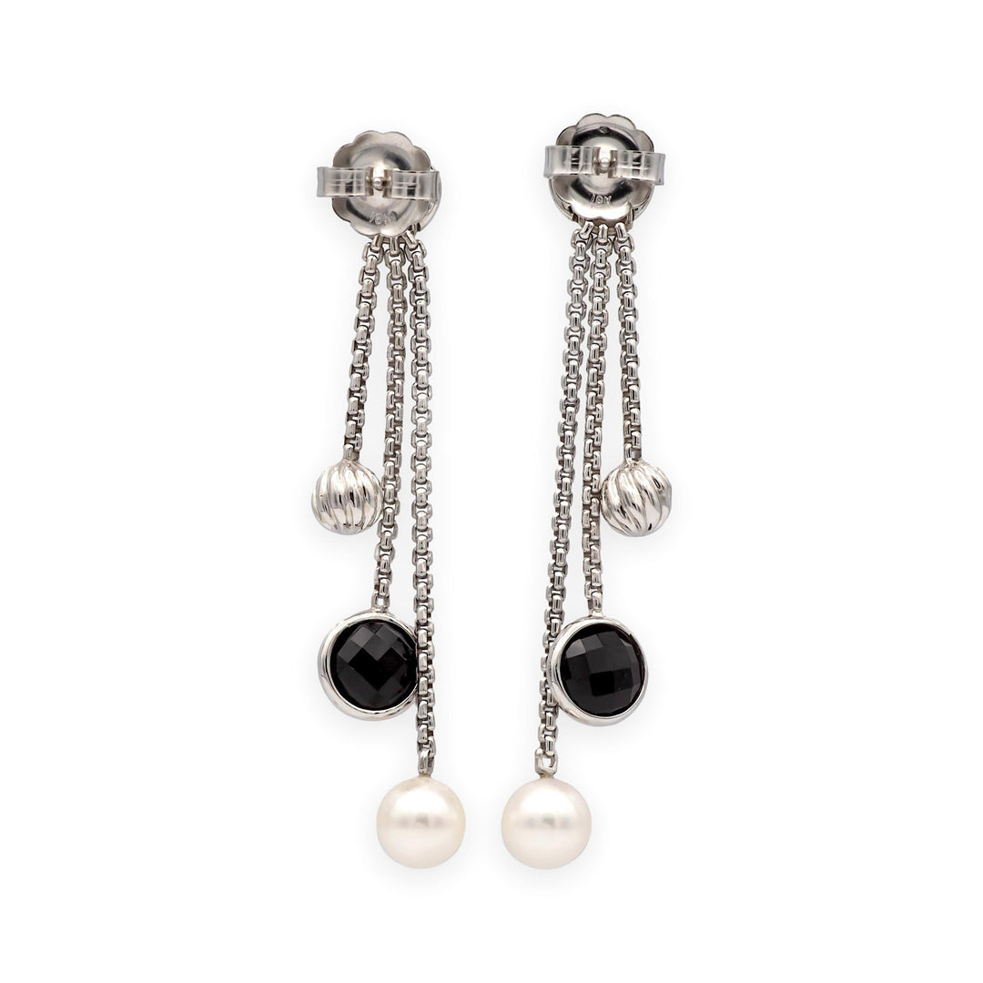 David Yurman Bijoux 18K White Gold Onyx & Pearl Box-Chain Dangle Earrings 2.5”
