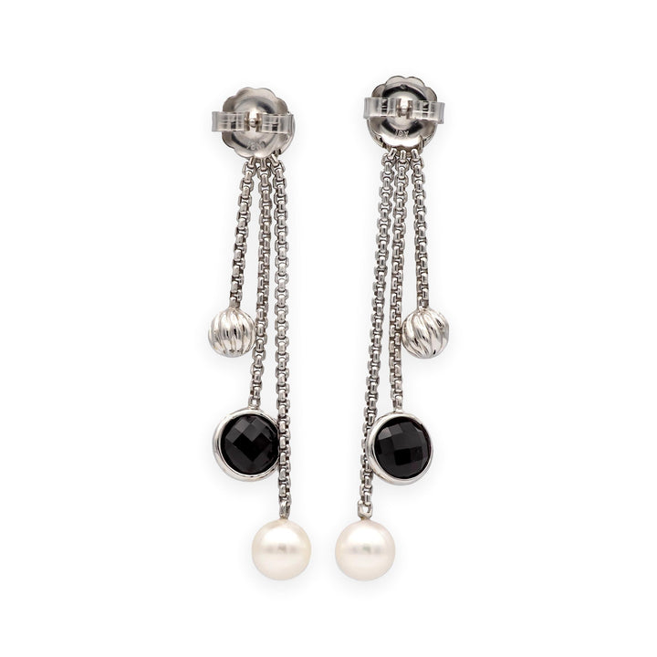 David Yurman Bijoux 18K White Gold Onyx & Pearl Box-Chain Dangle Earrings 2.5”