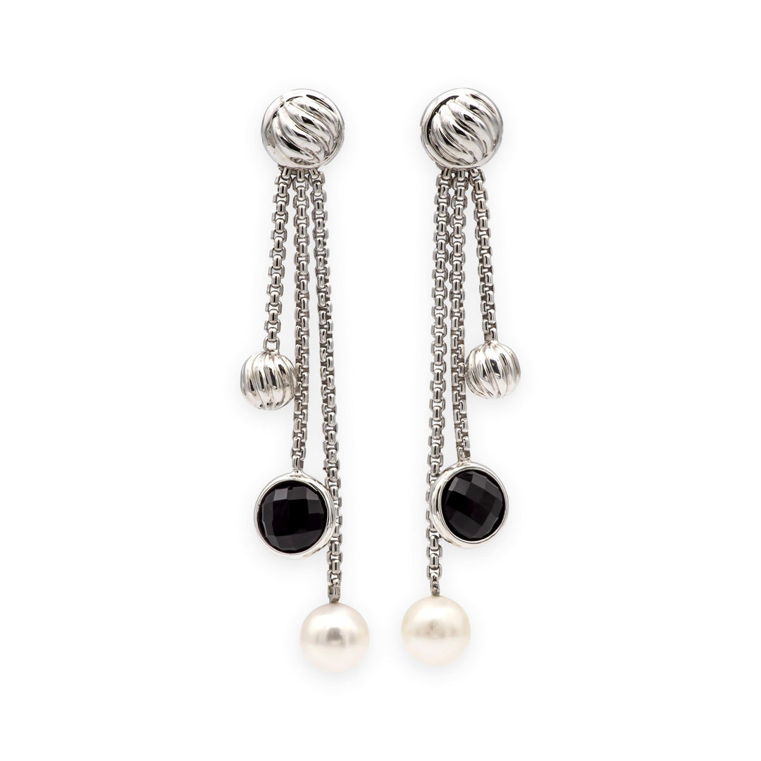 David Yurman Bijoux 18K White Gold Onyx & Pearl Box-Chain Dangle Earrings 2.5”