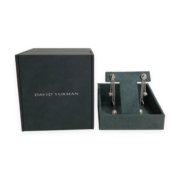David Yurman Bijoux 18K White Gold Onyx & Pearl Box-Chain Dangle Earrings 2.5”