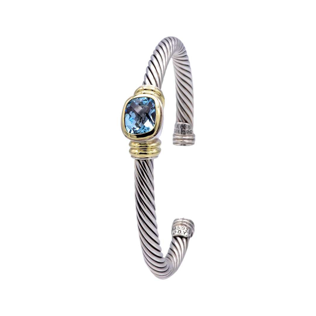 David Yurman Silver Noblesse 14k Yellow Gold Silver Cable Blue Topaz Open Cuff Bracelet